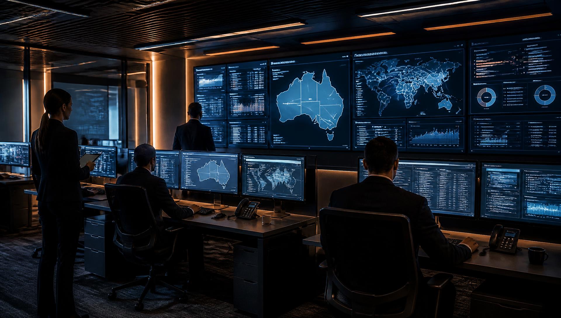 Modern security operations centre with analysts reviewing data screens